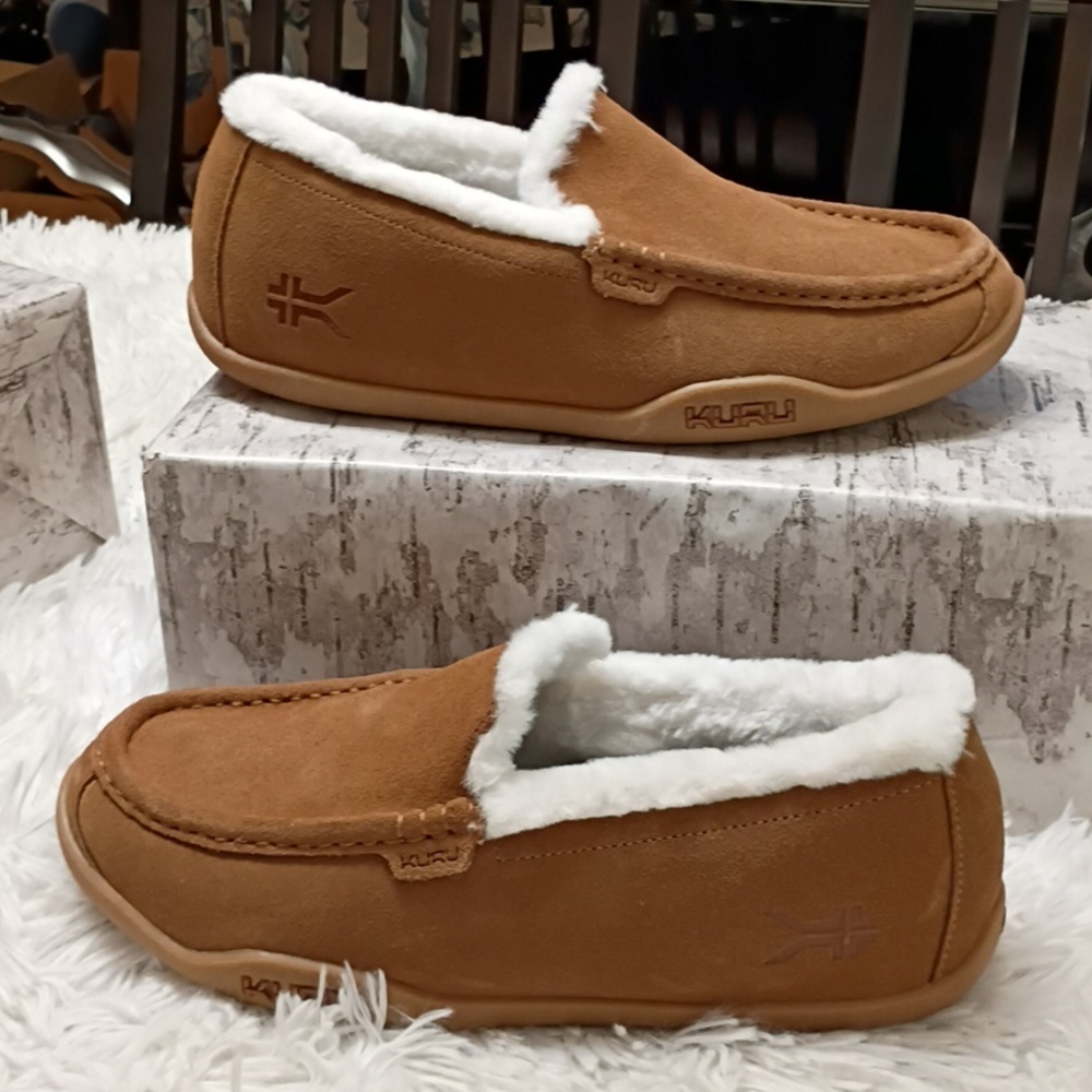 KURU Loft Men's Brown Slippers White Faux Fur Lining Arch Support 9-9.5